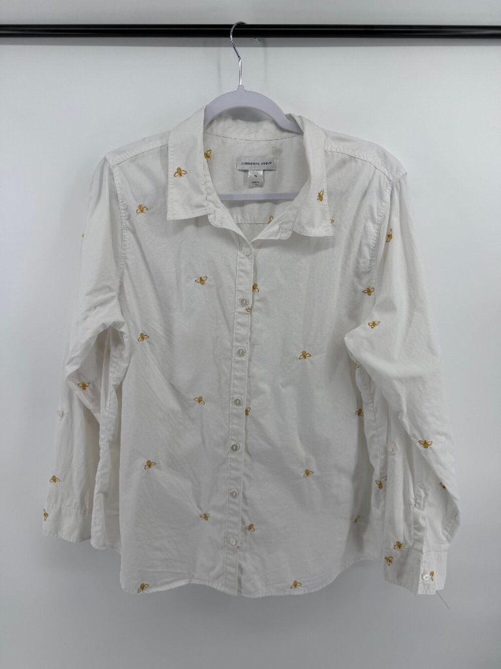 Christopher & Banks White Button Down Shirt Gold Embroidered Bumblebees XL